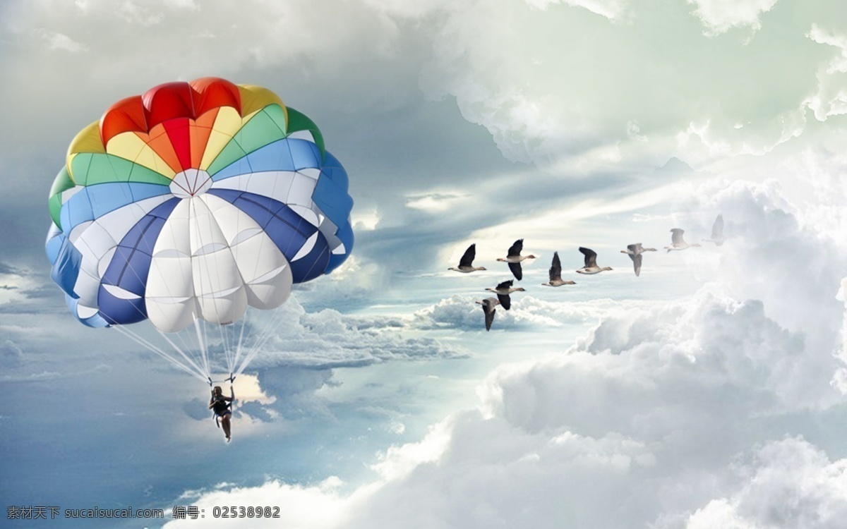 云层 风景 图 白云 飞鸟 降落伞 蓝天 云海 云卷云舒 psd源文件
