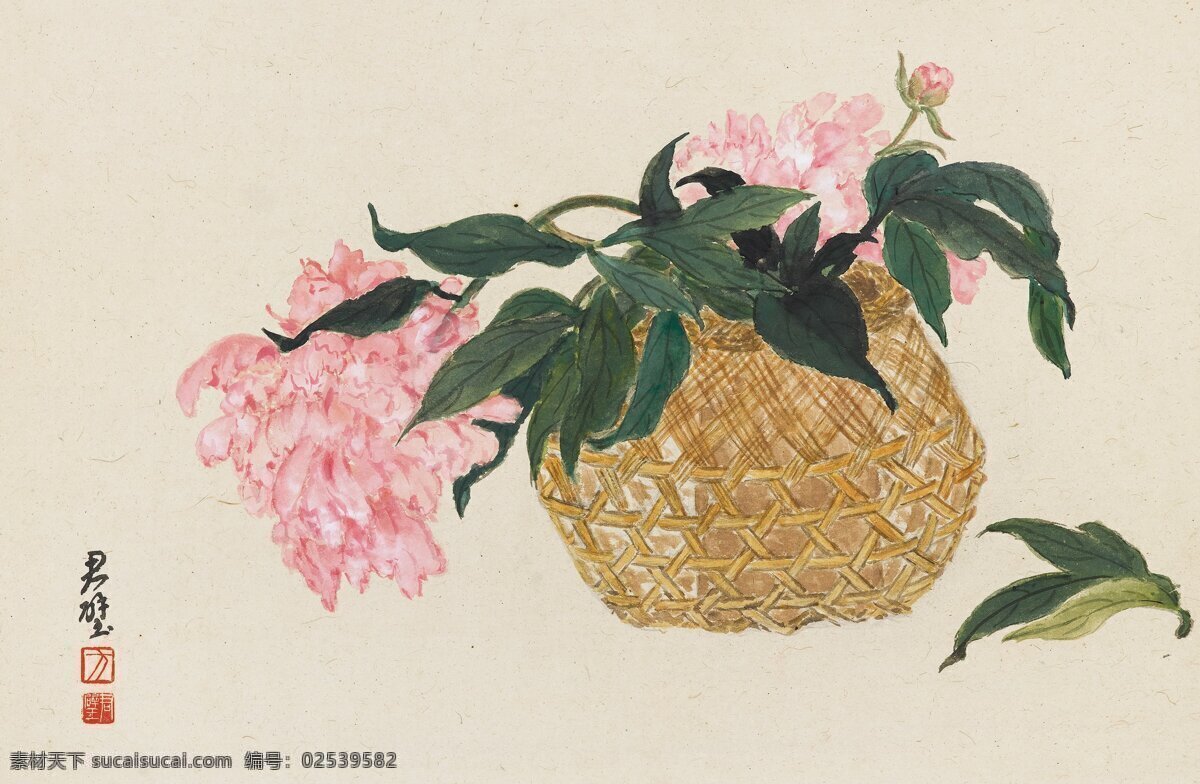 芍药花 方君璧作品 静物花卉 篮子 粉红色 中国古代画 中国古画 文化艺术 绘画书法