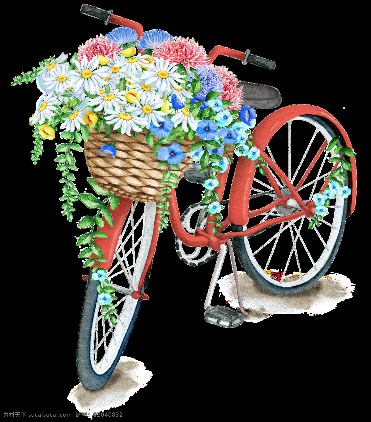 红色 淑女 车 透明 脚踏车 编藤 篮子 小菊花 蓝色 透明素材 免扣素材 装饰图片