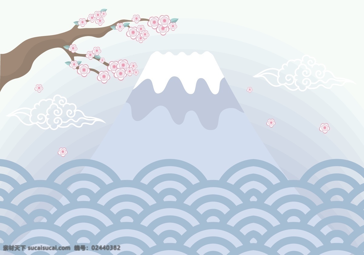 清新 日本 风格 矢量 插画 富士山 日本插画 日本风格 矢量插画 桃花 祥云 云朵