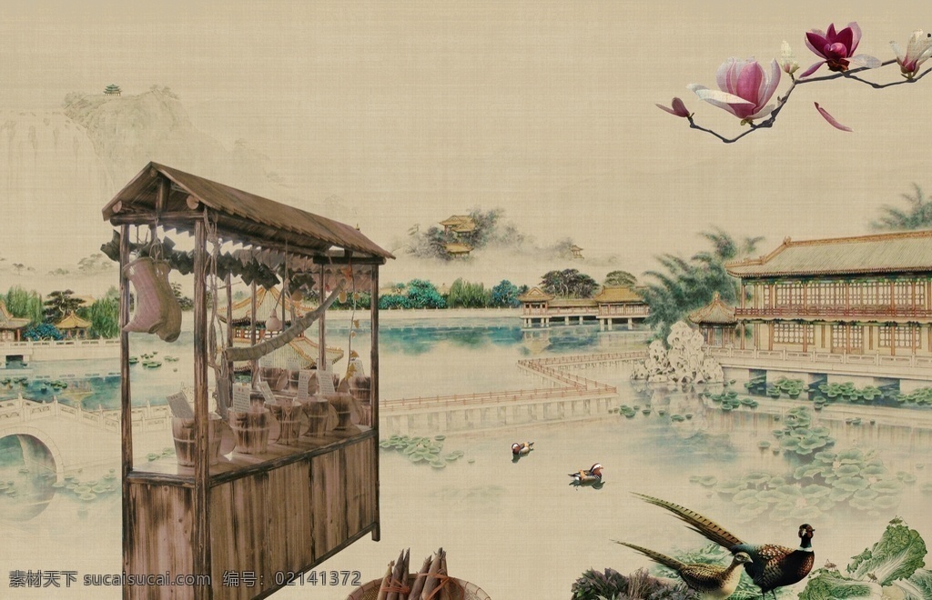 工笔画 古风 ps psd分层 年画 玉兰花 小鸟 笋 孔桥 小桥 货架 湖水 房屋 小趣味 摄影模板 其他模板