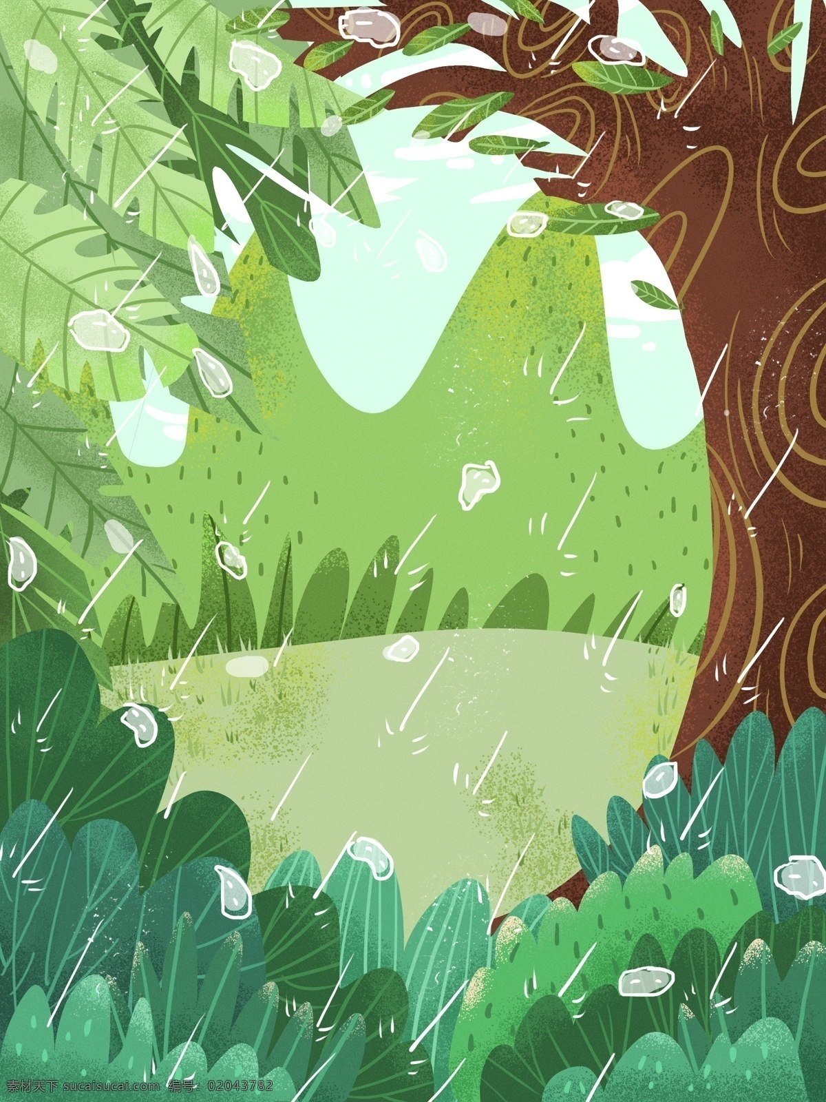 小雨 节气 树林 风景 插画 背景 手绘背景 树林背景 树叶背景 绿色背景 治愈系背景 小雨节气