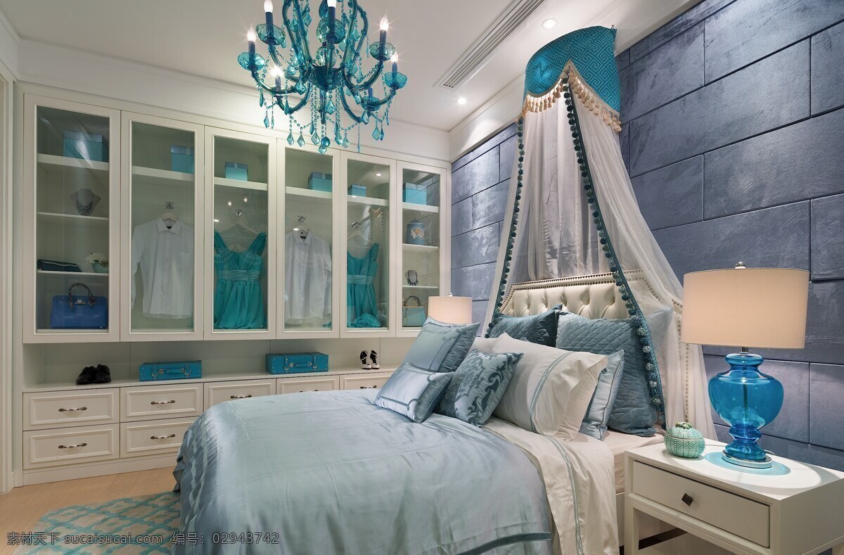 现代 青春 卧室 蓝灰色 背景 墙 室内装修 效果图 卧室装修 蓝色床品 宝蓝色吊灯 白色柜子