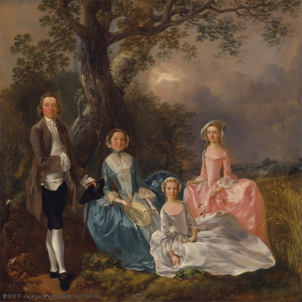 一家四口 托马斯 庚 斯 伯 罗 作品 英国画家 洛可可画派 一对 夫妇 他们 两个女儿 野外 古典油画 油画 绘画书法 文化艺术