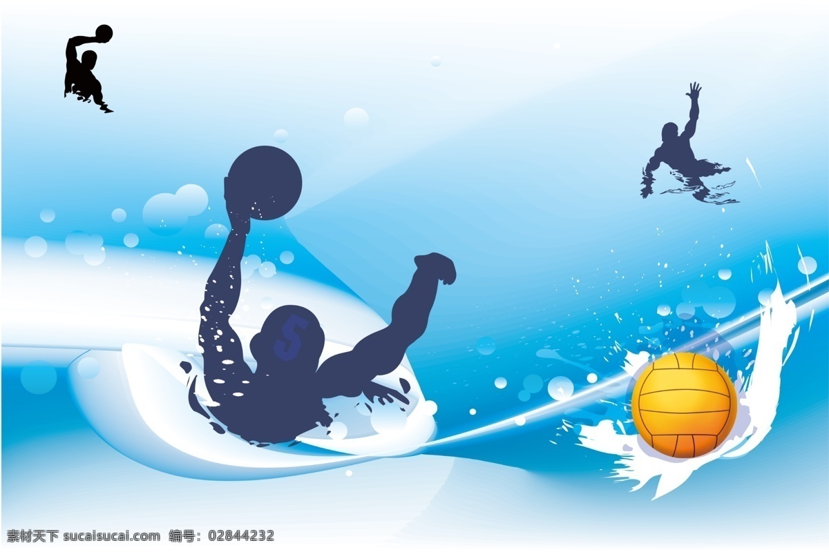 体育背景 白色 蓝色 线条 白色水花 黄橙色 水球 人物 剪影 黑色 背景素材 分层 源文件