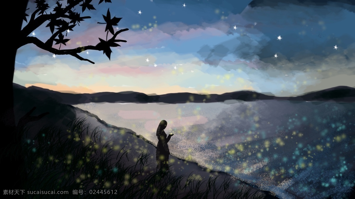 手绘 早安 治愈 插画 星空 草地 星星 梦幻 唯美 小清新 女孩 姑娘 早餐 装饰画 壁纸 海报 手机壳 晚安 剪影 粉色 彩色 海边