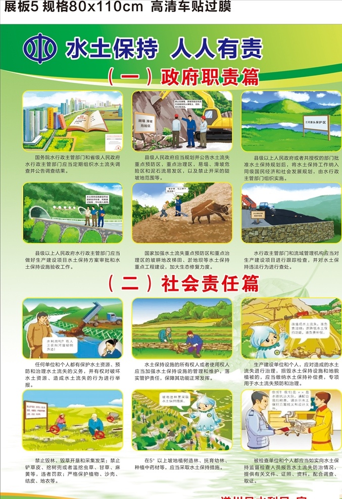 水利局展板 水土保持 政府职责篇 社会责任篇 漫画 水土保持法 绿色背景 绿色展板 cdr文件