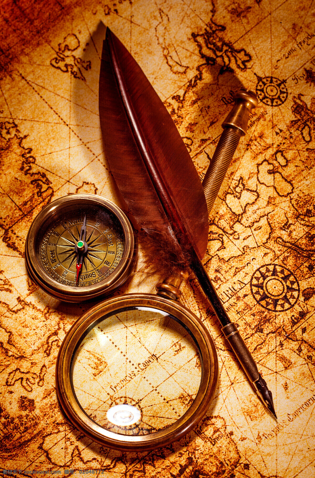 放大镜 羽毛 笔 羽毛笔 指南针 地图 航海 其他类别 生活百科