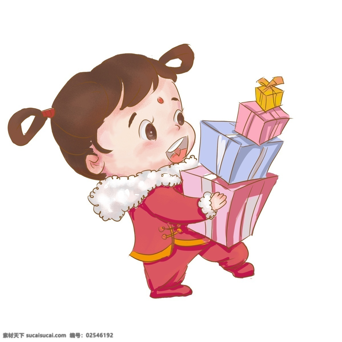 卡通 人物 搬 礼物 小女孩 新年 快乐 幸福 吉祥 庆祝 手绘 卡通人物 节日 2019 年 新春快乐
