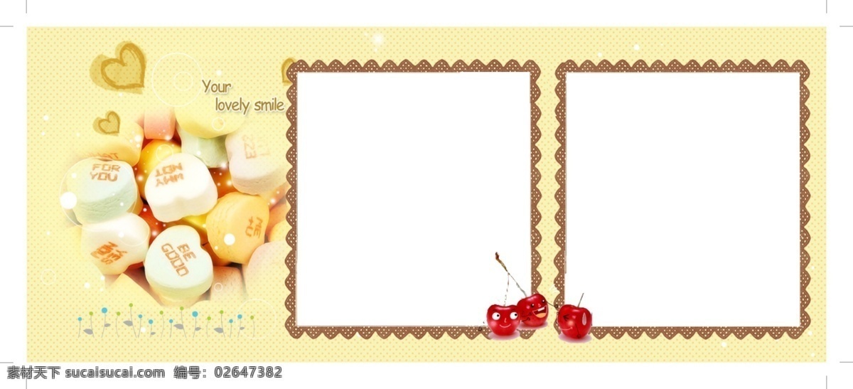 黄色 糖果 双 相框 两张照片框 个性 杯子 印制 模板 糖果照片背景 马克杯素材 设计素材 分层 源文件