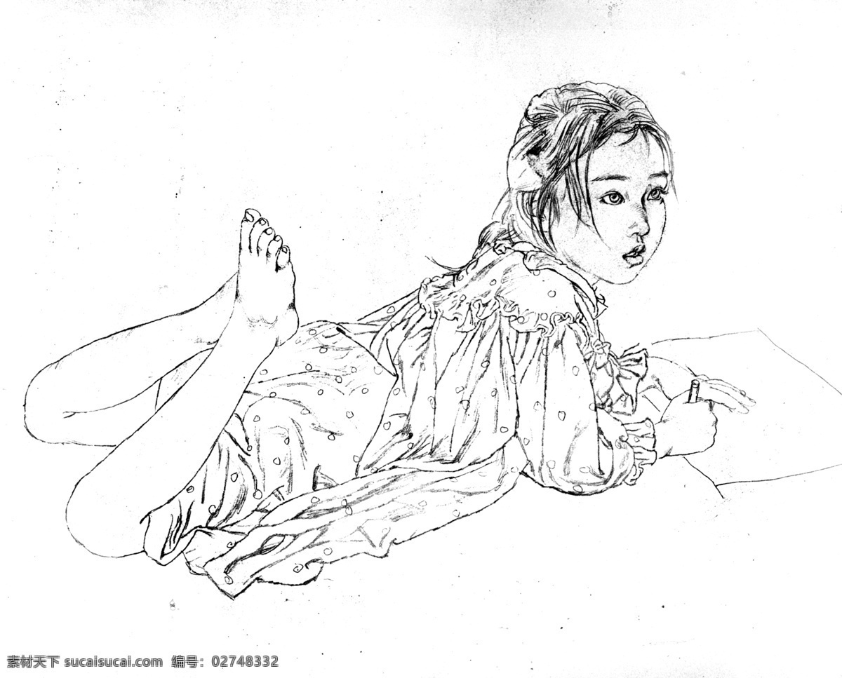 何家英手稿 中国 画家 何家英 素描 手稿 俯卧 写字 少女 绘画书法 文化艺术