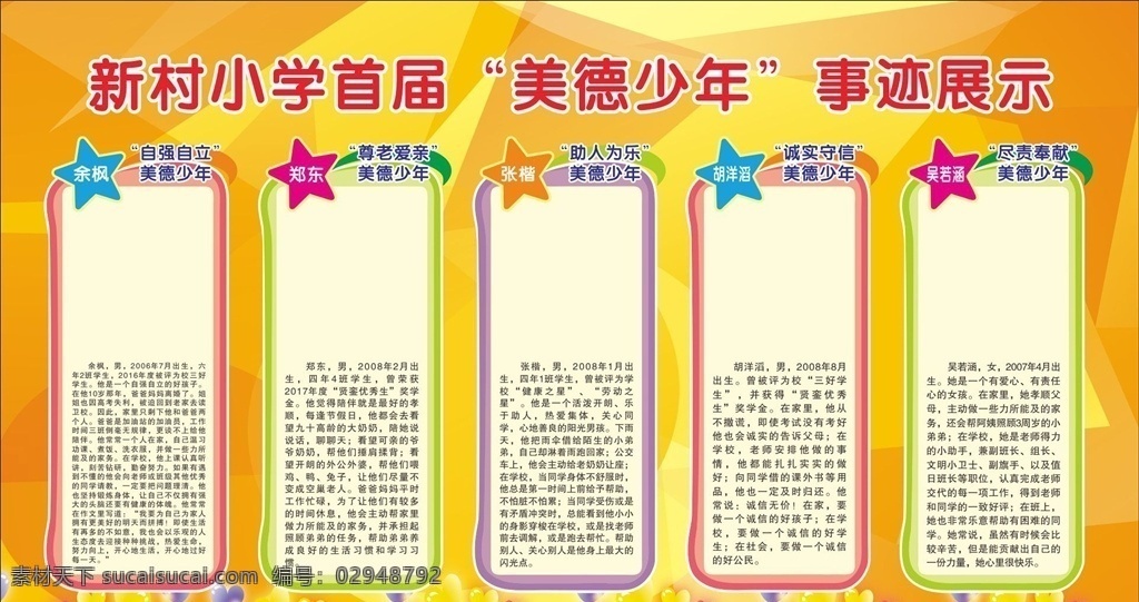 美德少年 学校 展板 宣传栏 向日葵 人物介绍 展板模板