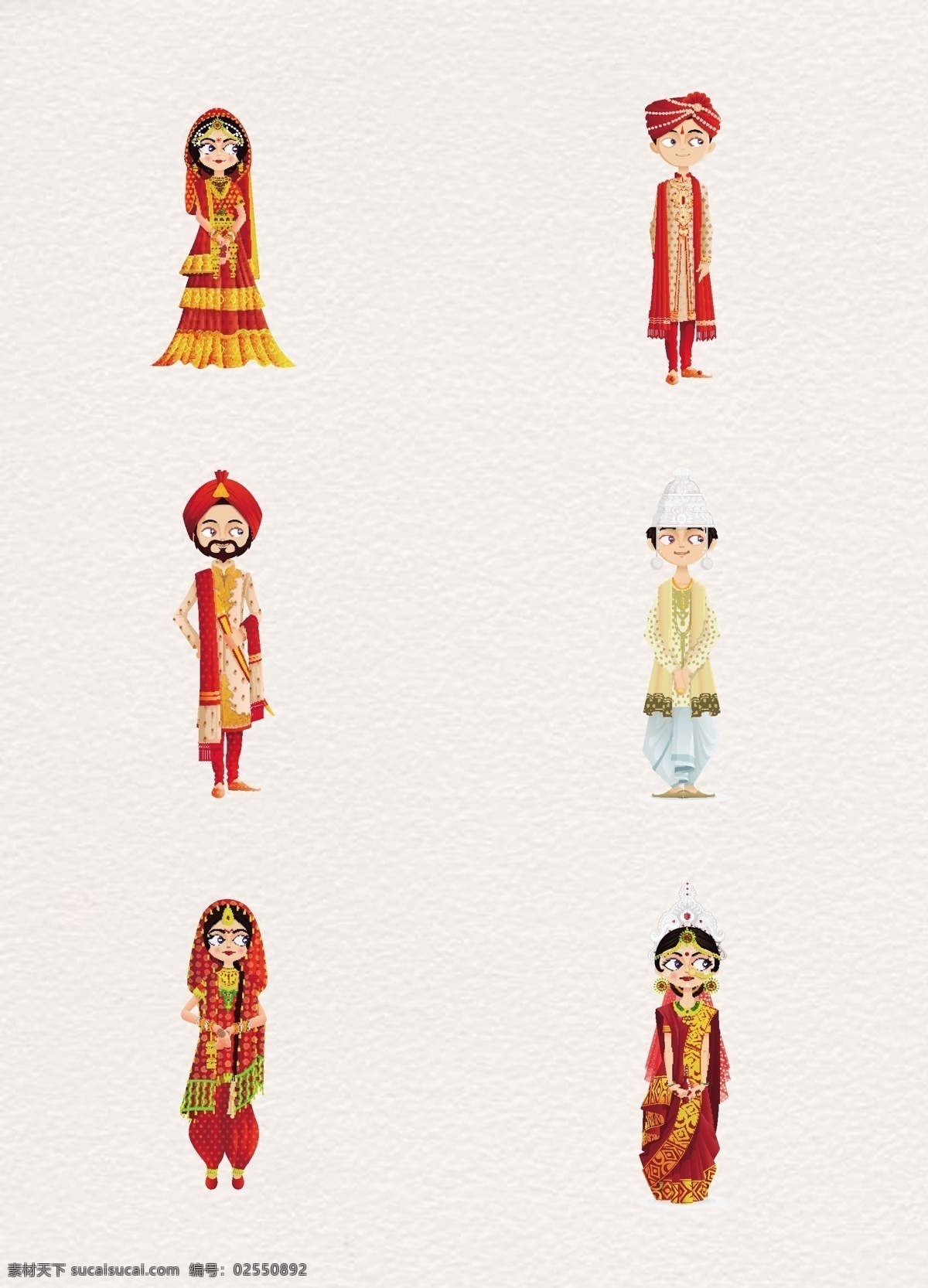 卡通 手绘 印度 新郎 新娘 形象设计 人物 结婚 矢量图 女 男