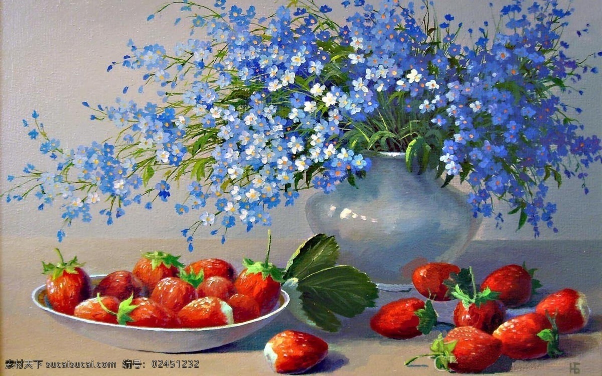 红蓝 草莓 蓝花 装饰画 水果 众沃家画业 灰色