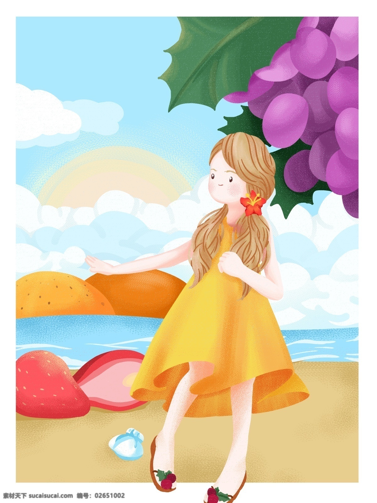 水果 少女 早安 日出 小 清新 插画 小清新