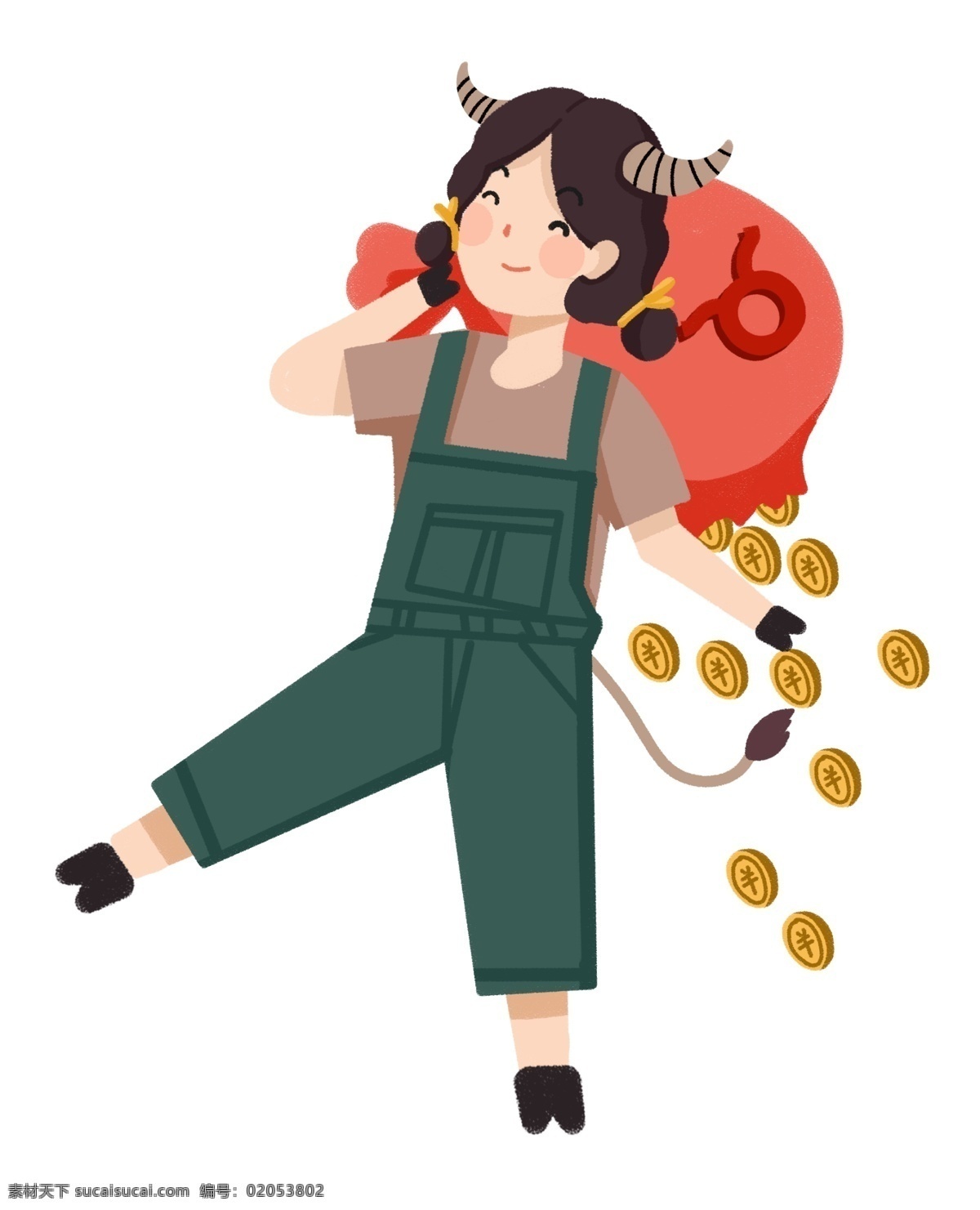星座 绿色 卡通 插画 人物 金牛座 牛角 口袋 金币 牛蹄 女生 背带裤 星座图标 愉快