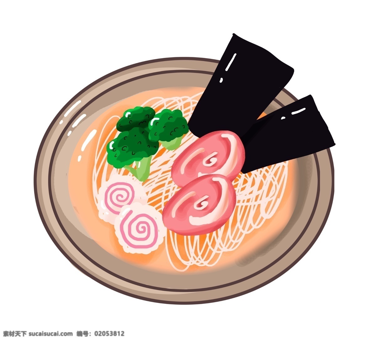 卡通 手绘 海鲜 插画 海鲜面 拉面 面条 海虾 牡蛎 海苔 蔬菜 高汤 浓汤 主食 食物 美食 美味 卡通手绘