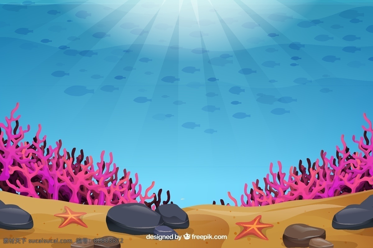 创意 海底 珊瑚 鱼群 风景 大海 阳光 石头 自然景观 自然风光