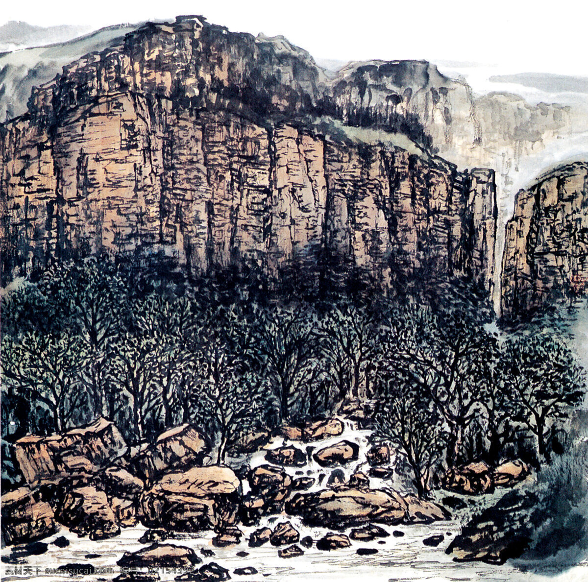 国画艺术 绘画 绘画书法 瀑布 山峰 山岭 山石 山水 山水图 中国画 水墨画 山水画 现代国画 溪流 树木 树林 云雾 书法 印章 国画集12 文化艺术 家居装饰素材 雕刻 图案