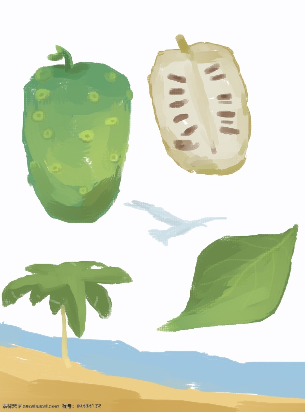 水果 沙滩 卡通 插画 保健 插图 手绘 图案 元素