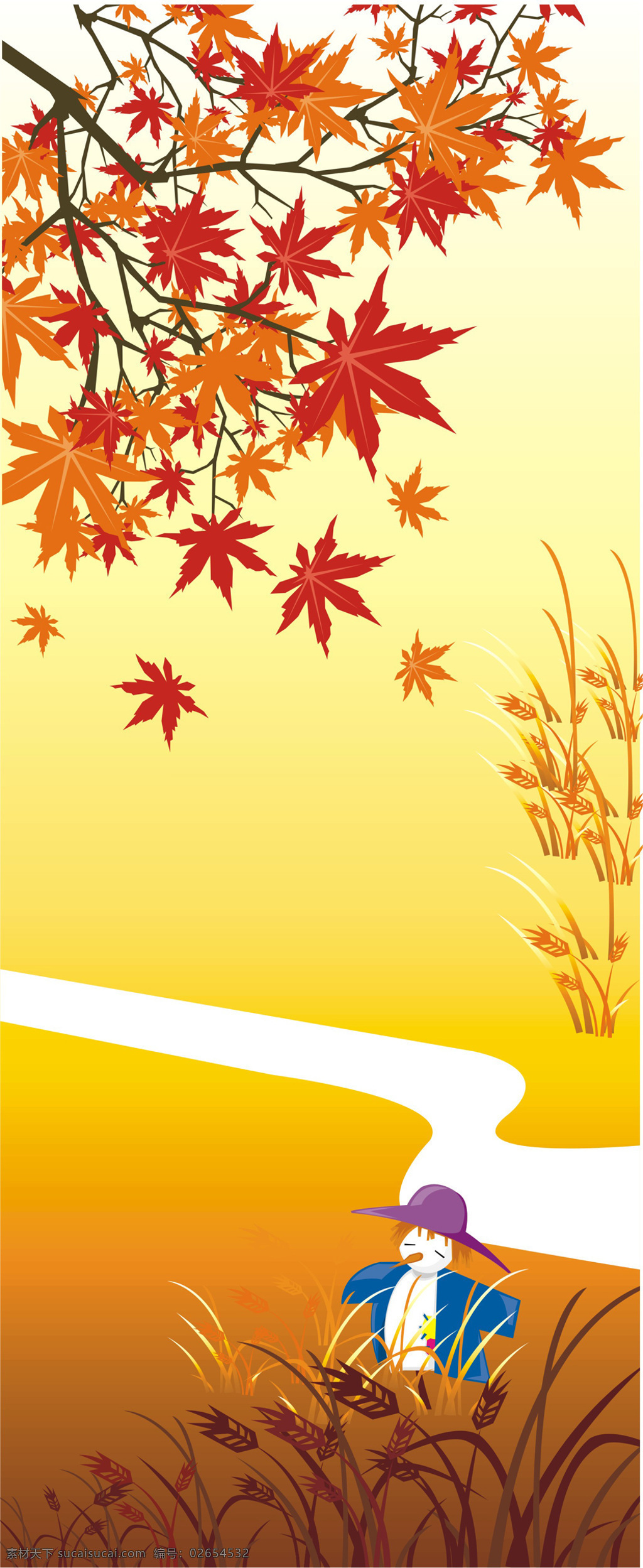 橙色 秋天 稻草人 枫叶 小溪 秋天枫叶壁画 矢量图 其他矢量图