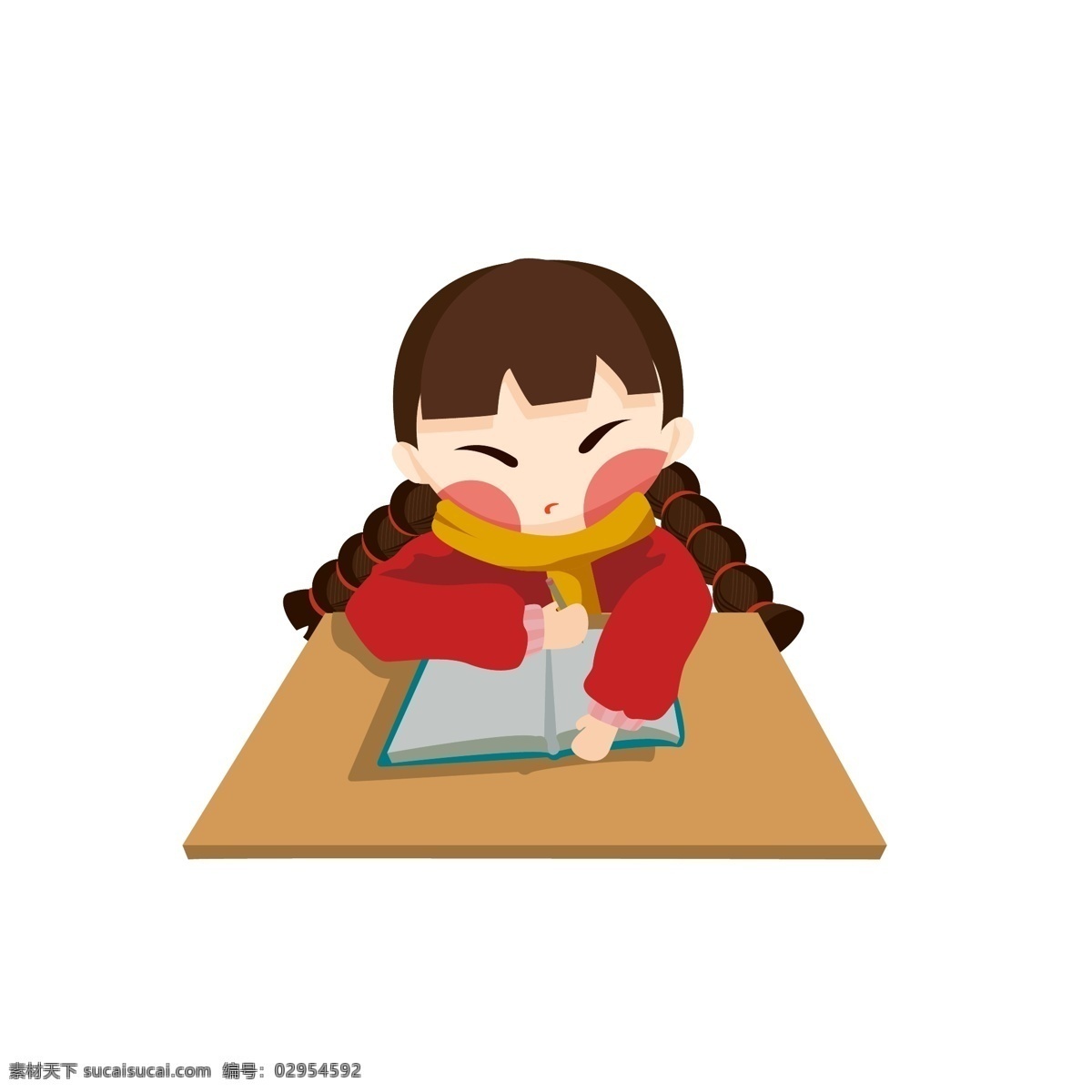 认真 学习 写字 读书 矢量 年画 娃娃 女孩 中国风 书本 考试 年画娃娃 麻花辫