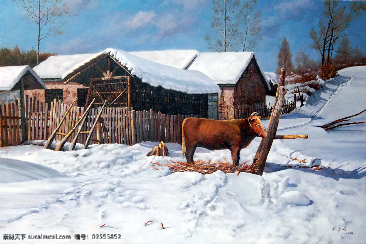 动物 房子 风景 风景画 风景油画 挂画 绘画 绘画书法 油画 油画风景 艺术 油画作品 大师作品 当代 艺术家 作品 名画 世界名画 东方油画 景色 树木 植物 雪地 牛 木屋 文化艺术 家居装饰素材