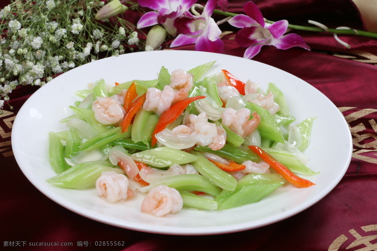 虾仁 西芹 炒 百合 盘子 桌布 餐饮美食 传统美食 摄影图库