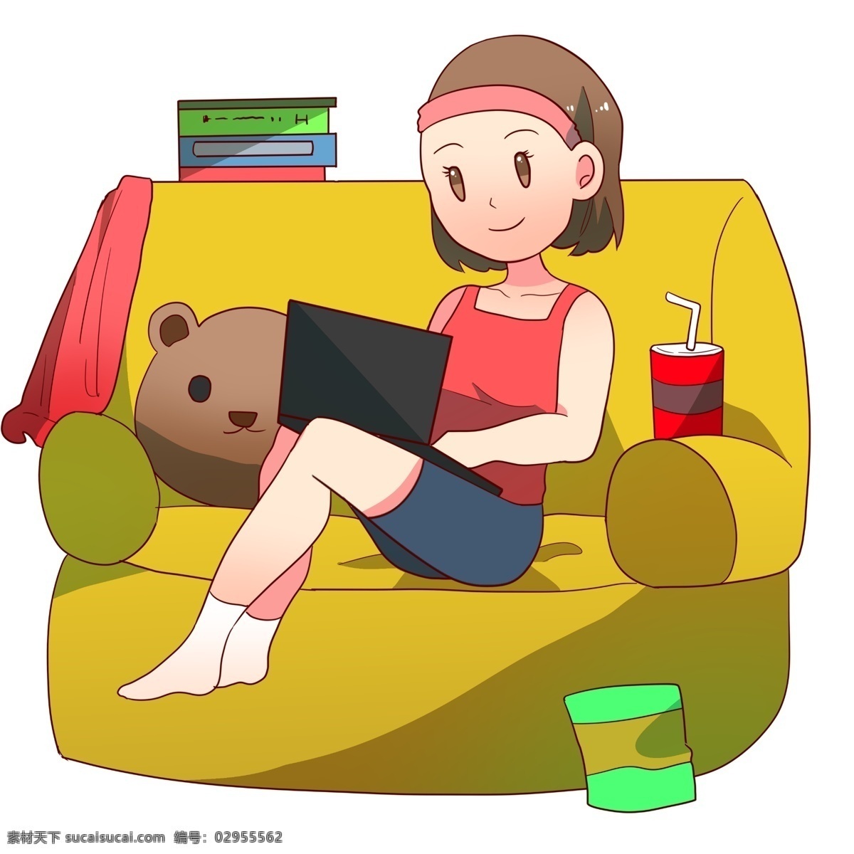 手绘 玩电脑 宅 女 插画 黄色的沙发 卡通插画 玩电脑的女孩 棕色的靠垫 手绘宅女插画 宅在家的女孩