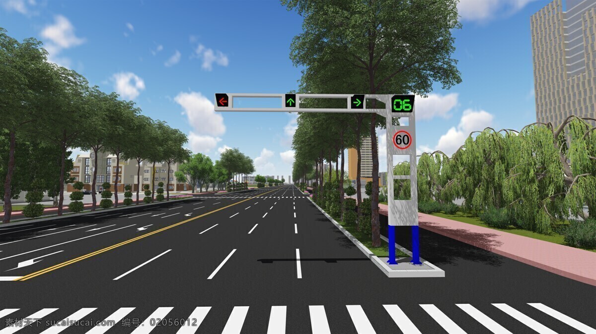 交通信号灯 路口 框架 交通 信号灯 标线 绿化 城市 倒计时 公路 道路 红绿灯 交通设施 3d设计 3d作品
