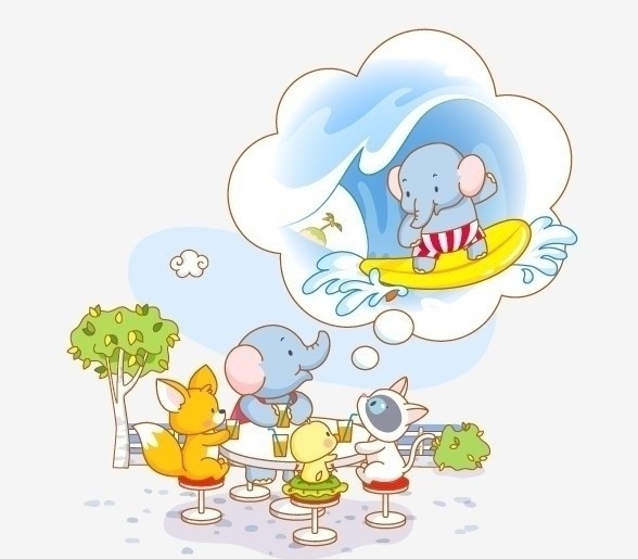 大象喝果汁 卡通 大象 小猫 小狗 小鸟 喝果汁 幻想 滑水 滑板 野生动物 生物世界 矢量