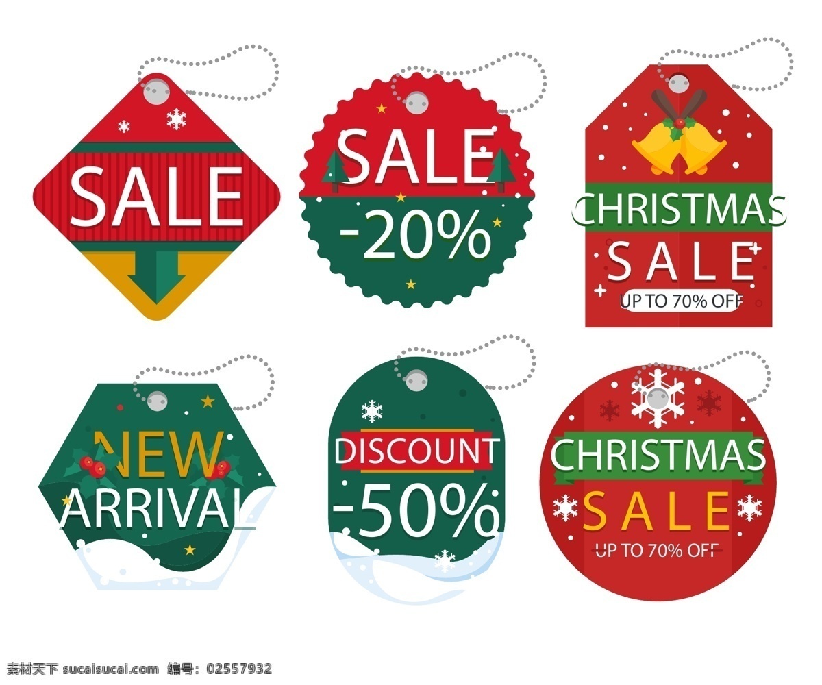 创意 英文 圣诞 标签 绿色 圣诞节 促销 矢量素材 红色 铃铛 雪花 优惠
