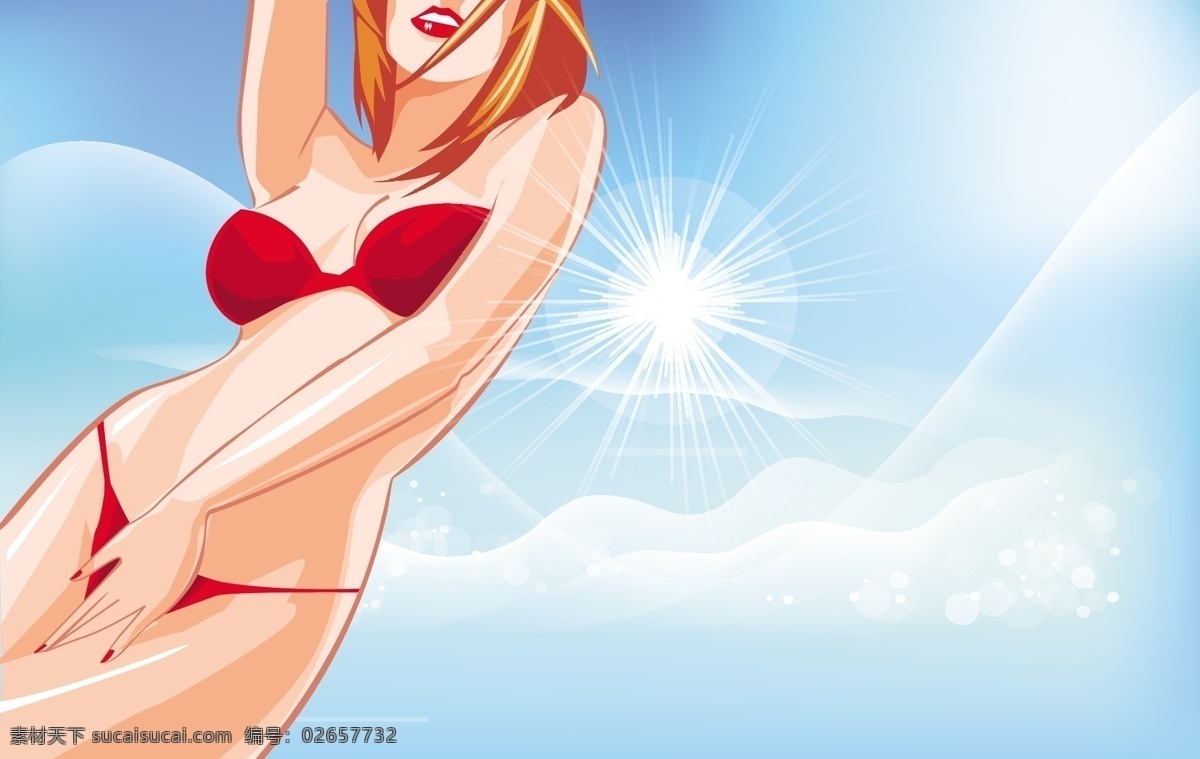 夏日 沙滩 比基尼 女孩 矢量 插图 大海 果汁 海边 海浪 海鸥 救生圈 帽子 矢量图 矢量人物