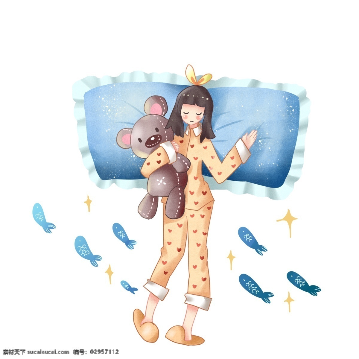 世界 睡眠 日 小 熊 抱着小熊睡觉 世界睡眠日 卡通插画 睡觉 睡眠的插画 瞌睡 休息 蓝色的枕头