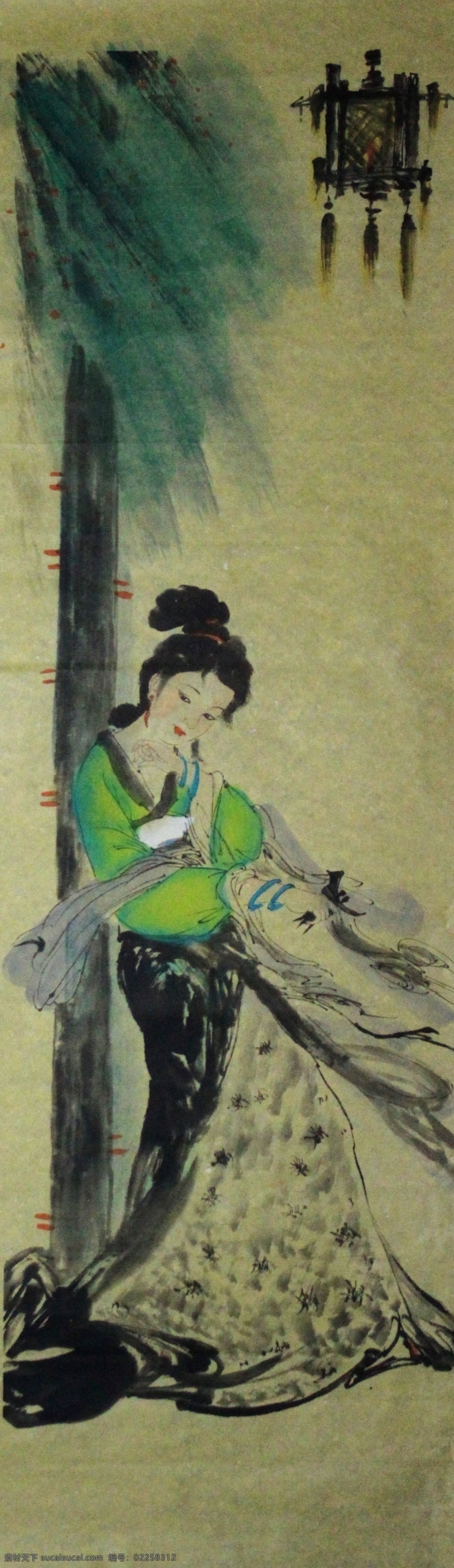 高清 国画 绿衣 美女 喷绘 家居装饰素材