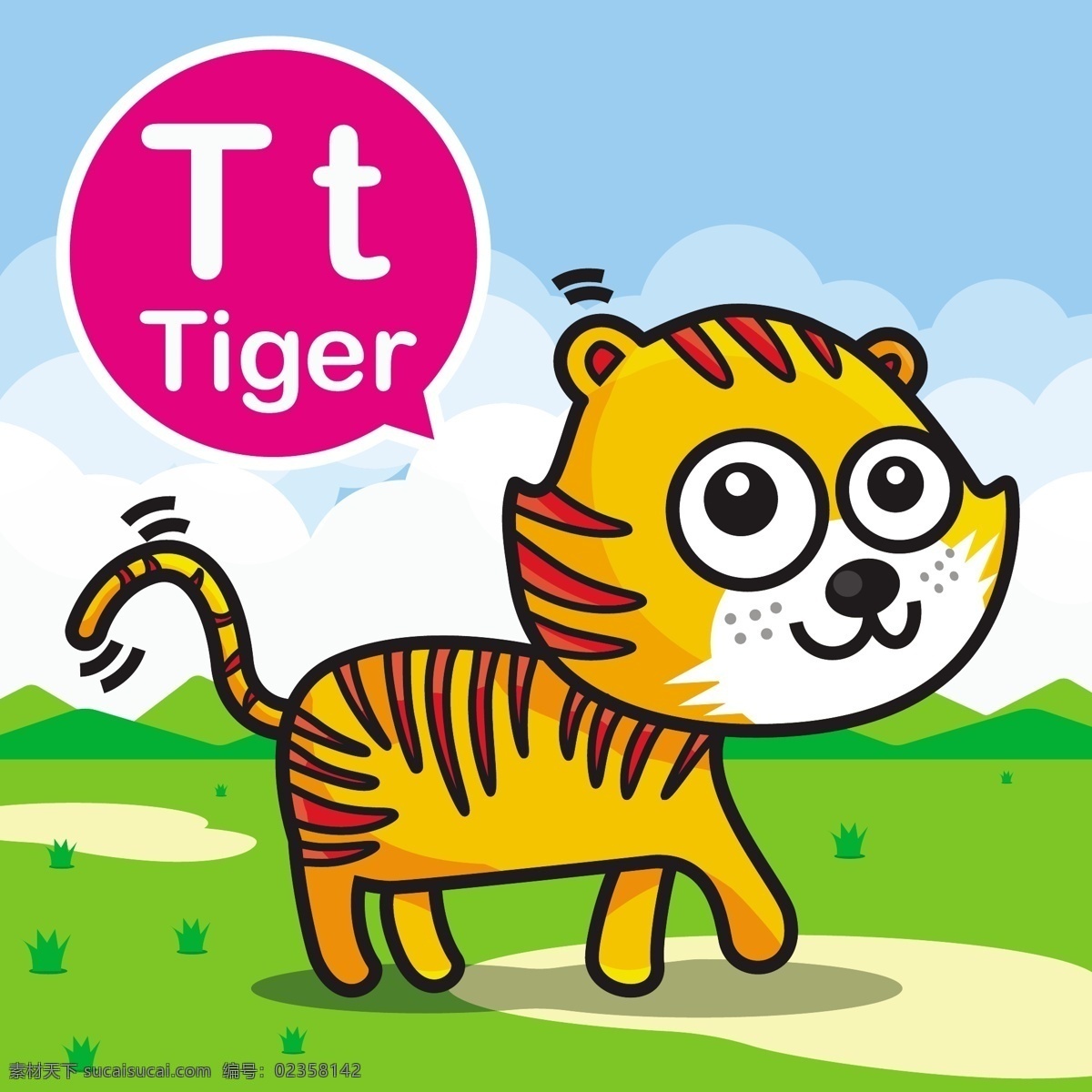 老虎 通 小 动物 矢量 背景 大猫咪 英语 幼儿园 教学 学习 卡牌 卡通 手绘 形象