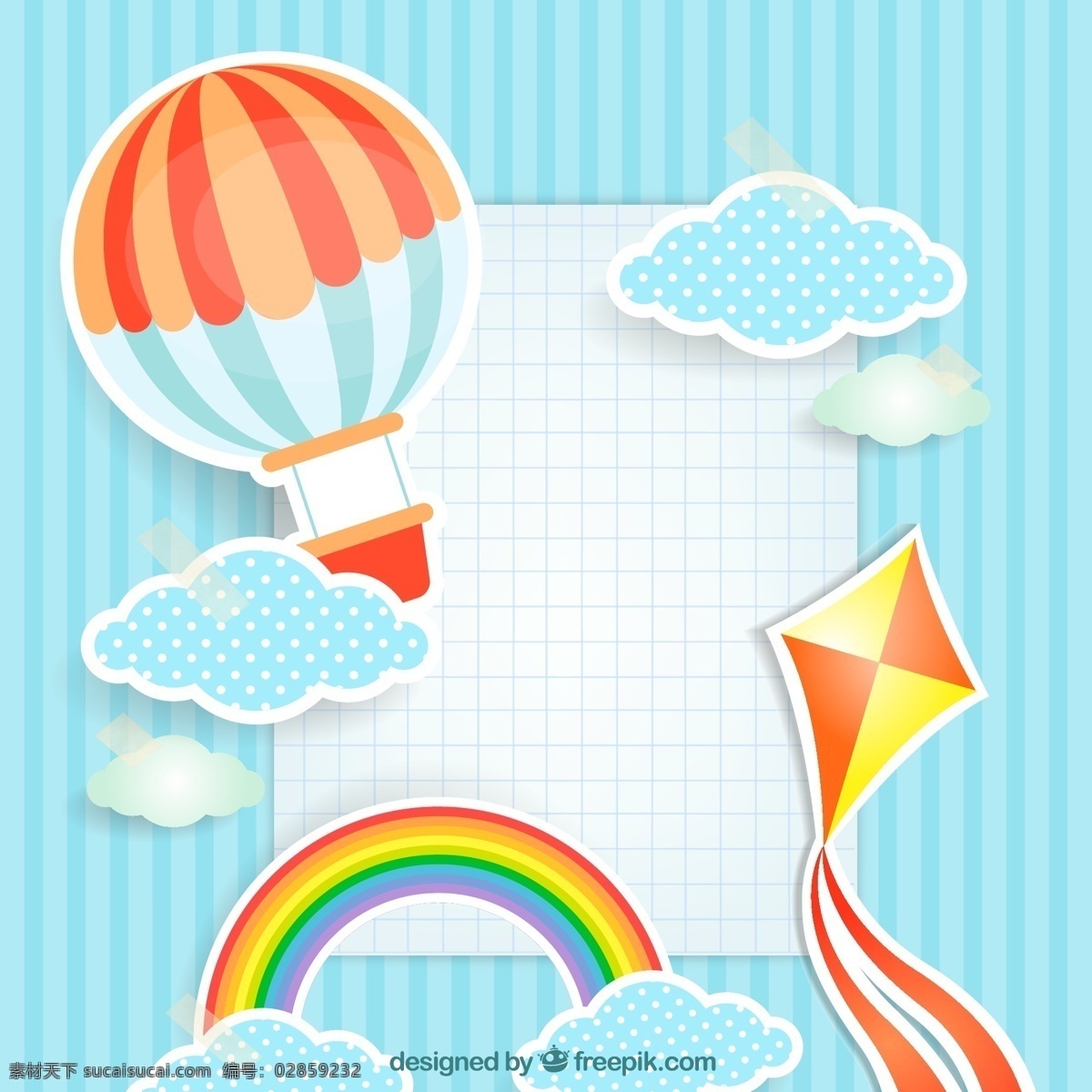 天空 剪贴 画 格子 背景 热气球 云朵背景 剪贴画 彩虹 风筝 方格 卡通素材