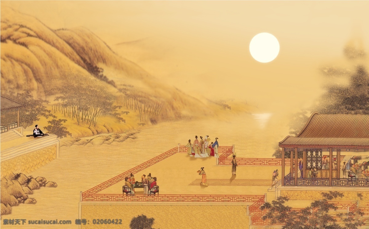 古画 登高望远 落日 朝阳 古人弹琴 饮酒水墨画 山水 河