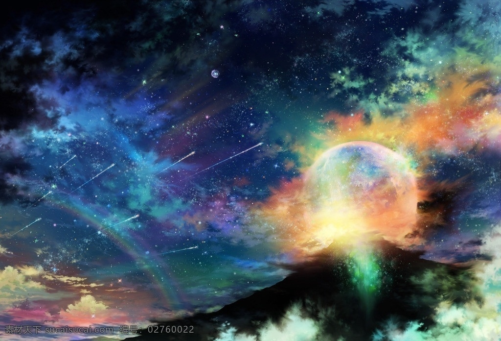 动漫风景 星空 云彩 流星 星球 山峰 动漫场景 手绘 数字绘画 艺术 动漫壁纸 风景漫画 动漫动画