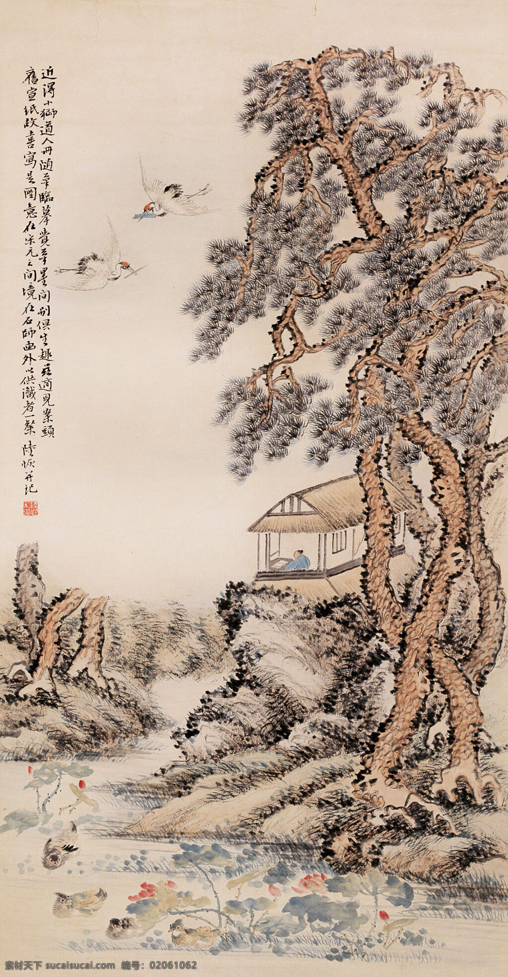 深山 仙居 池塘 刺绣 荷花 仙鹤 写意山水画 鸳鸯 中国画 镜心 青松 茅庐 陆恢作品 工艺美术 平面广告 装饰设计 装饰素材 室内装饰用图