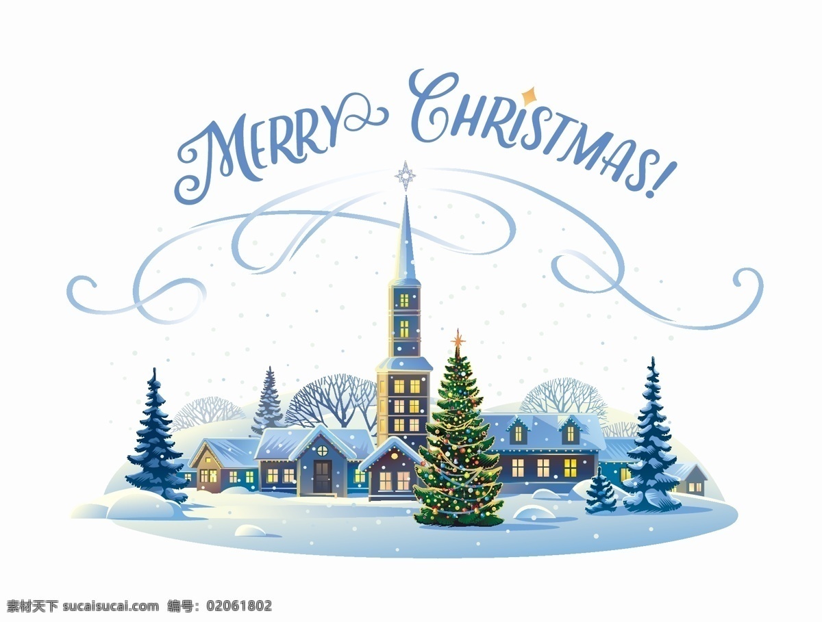冬天 里 童话 小镇 插画 房子 建筑 节日 圣诞树 下雪 雪景