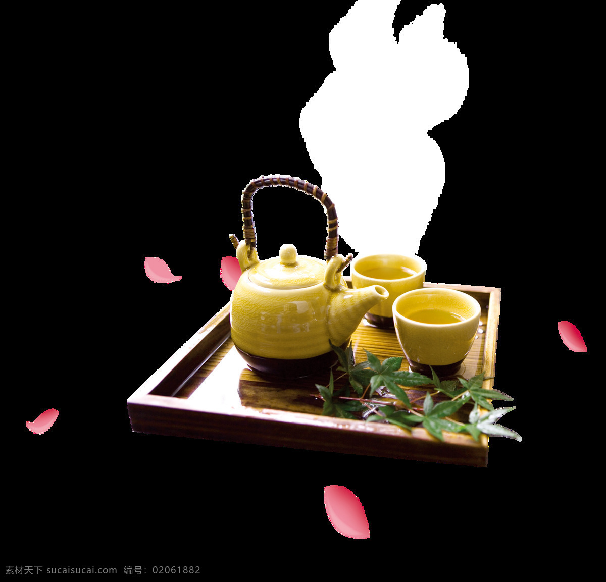 清新 风格 淡 黄色 茶几 产品 实物 产品实物 淡黄色茶杯 淡黄色茶壶 绿色叶子 木制茶盘
