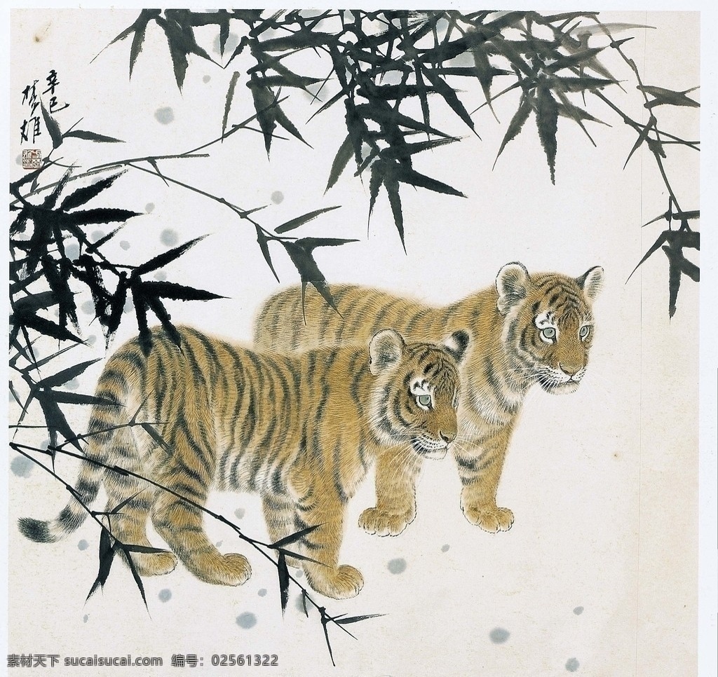国画老虎 竹子 老虎 国画 石头 绘画书法 文化艺术