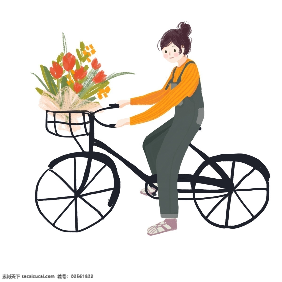 骑 自行车 少女 鲜花 卡通 元素