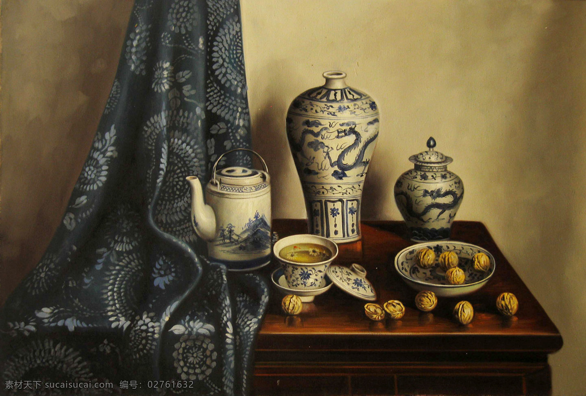 茶杯 茶具 核桃 绘画书法 美术 文化艺术 油画 房间 小景 设计素材 模板下载 房间小景 静物画 陶瓷品 蓝花布 桌子 油画艺术 油画作品51 家居装饰素材