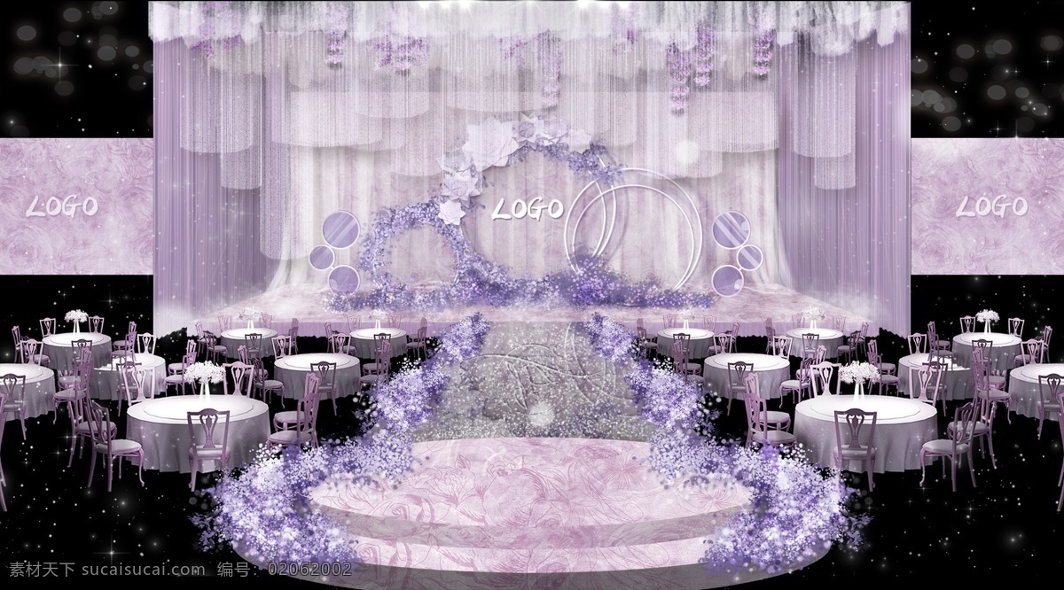 浅紫色 西式 舞台 婚礼 效果图 花环 pvc 吊顶 t台 纸花 线帘 花串 纱幔 路引 圆台
