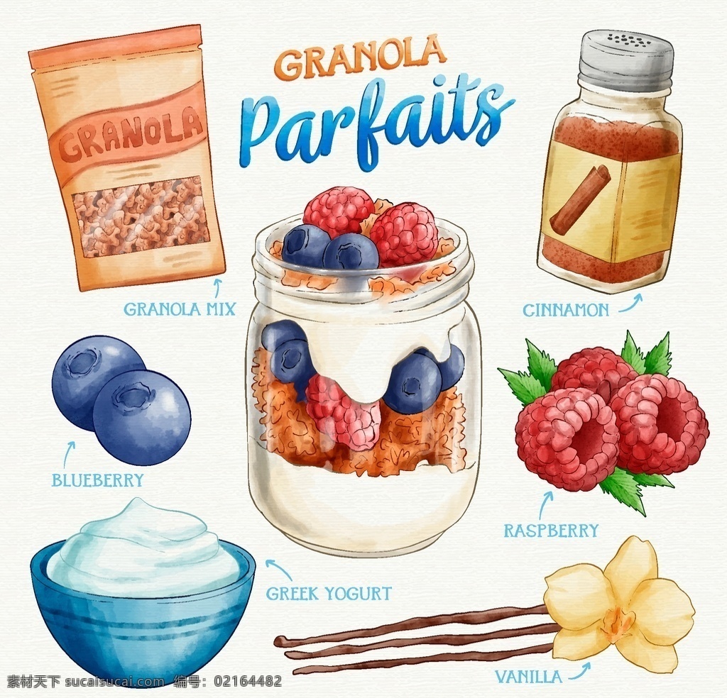 饮食 矢量 手绘 元素 健康 制作 步骤 食物 覆盆子 蓝莓 酸奶 奶油 菜单菜谱