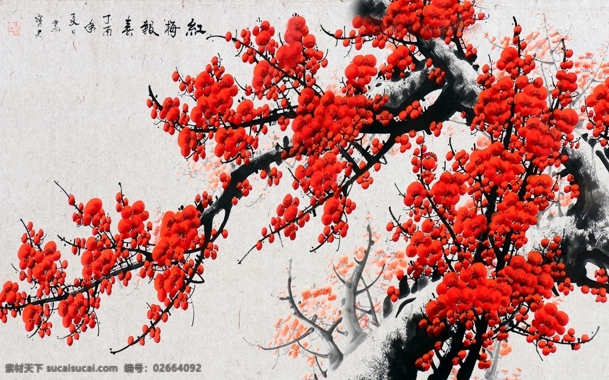 水墨 梅花山 水 电视 背景 墙 背景墙 墙纸 壁画 无框画 国画 手绘 中国风 新中式 古典 典雅 复古 梅花 红梅 禅意 咏梅 山水 风景 树 新 中式 分层