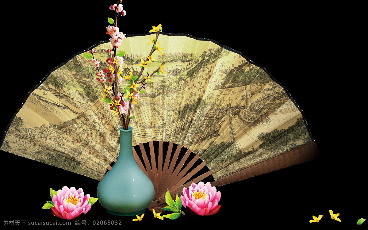 卡通 中国 风 扇子 花瓶 元素 png元素 免抠元素 透明素材 鲜花