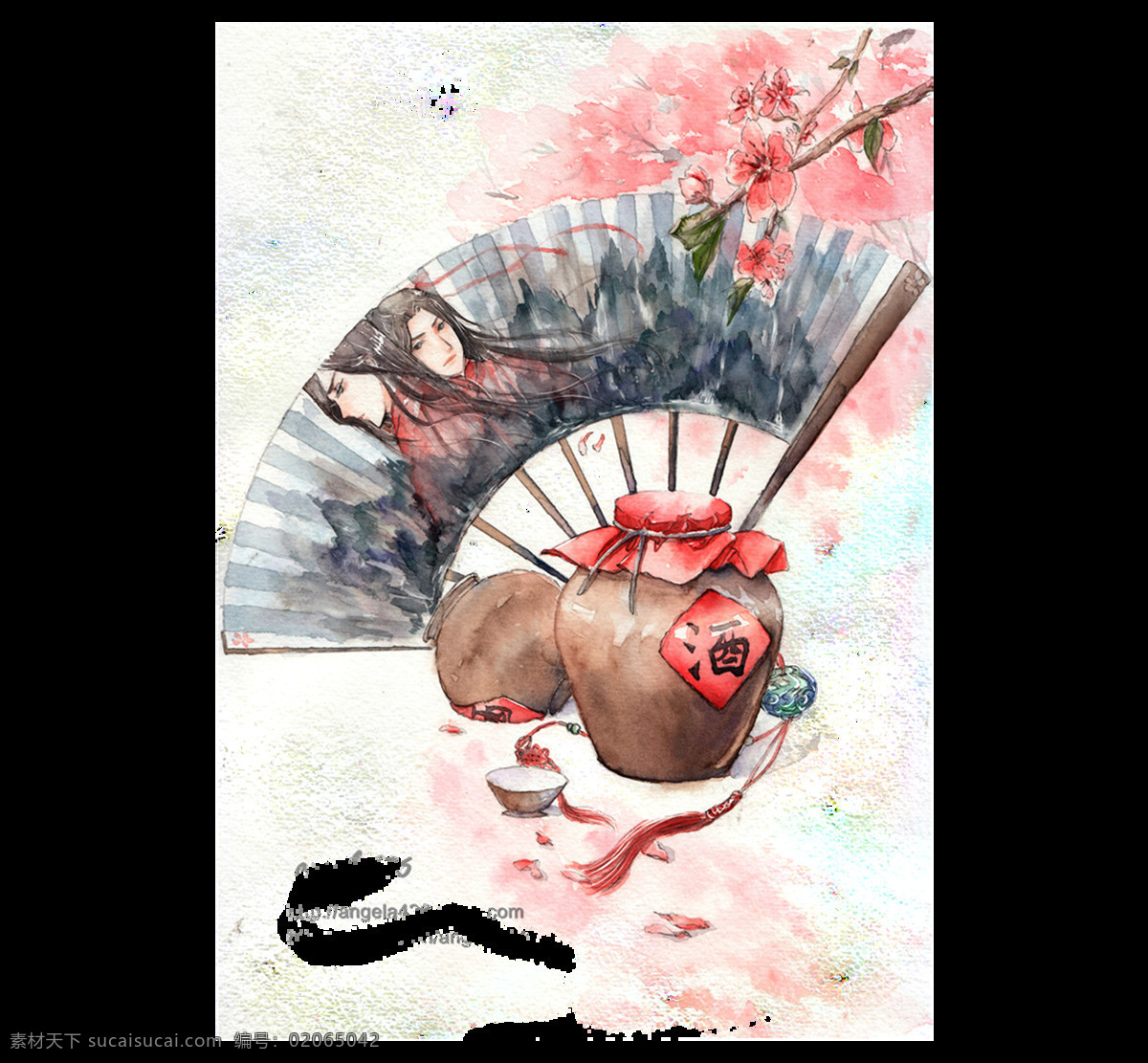 中式 桃花 扇子 坛 酒 唯美 png元素 酒坛 免抠元素 透明元素 中国风